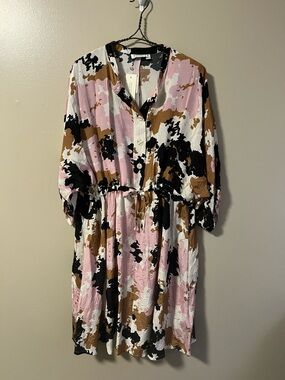 Masai Copenhagen Button Front Tie Waist Abstract Pink and Brown Dress Medium